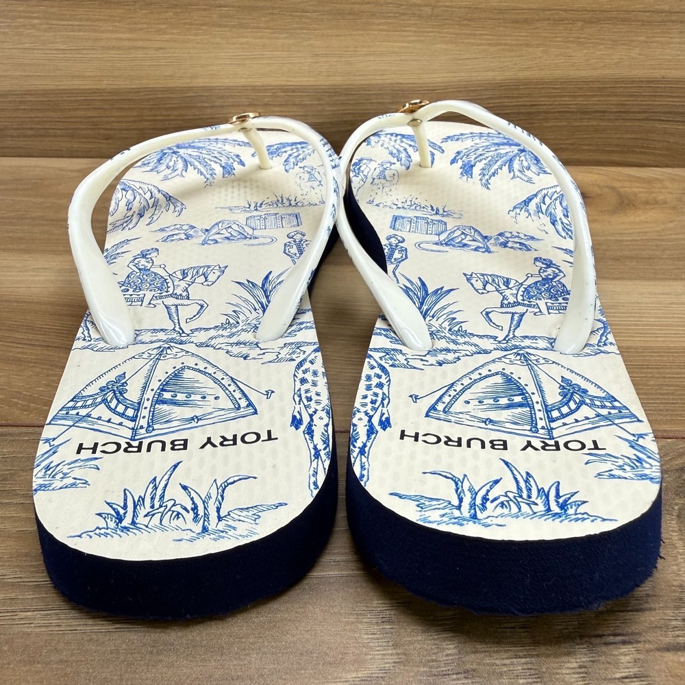 Tory Burch Far And Away Flip Flops Womens 8 M Blue Cream Travel Thong Sandals - Picture 7 of 10